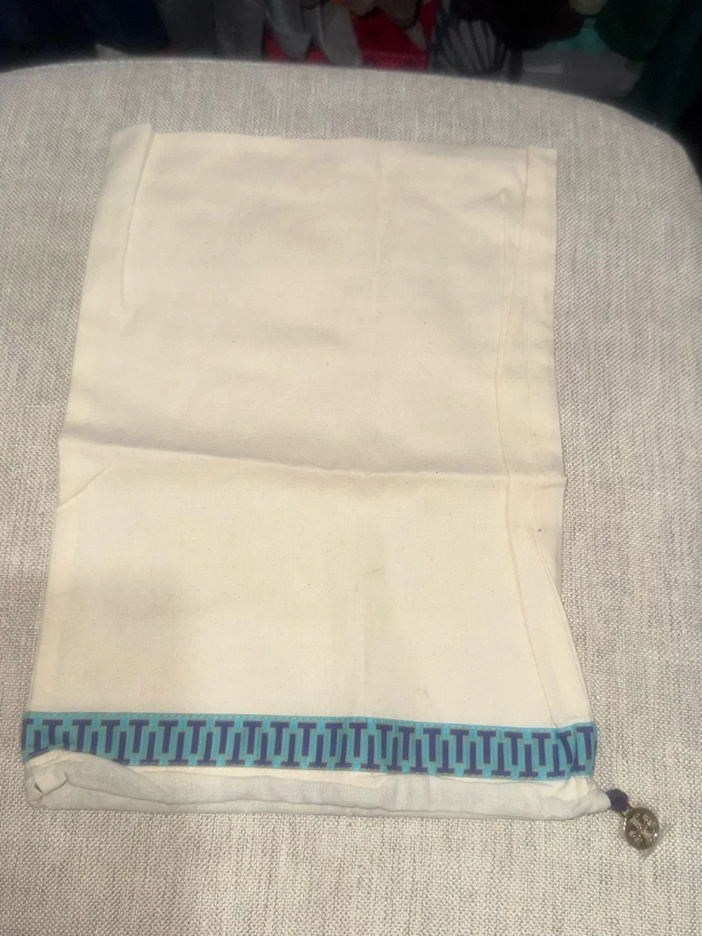 Tory Burch Cream Drawstring Dust Bag with Blue Trim